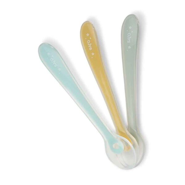 Set 3 cucharas silicona menta Saro Baby. Bebé 4 meses