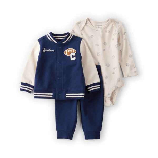 Conjunto 3 piezas cárdigan varsity azul, body y pantalón Carter's