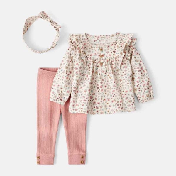 Conjunto 3 piezas camiseta floral pantalón de canalé lazo Carter's