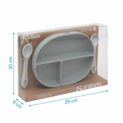 Set de cubiertos y bandeja BLW silicona gris bebé KioKids