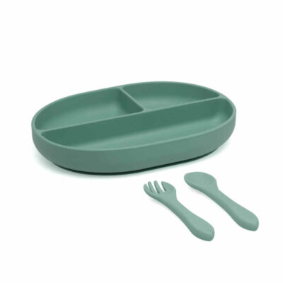 Set de cubiertos y bandeja BLW silicona salvia bebé KioKids