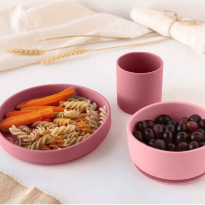 Set Vajilla 3 piezas silicona rosa bebé KioKids