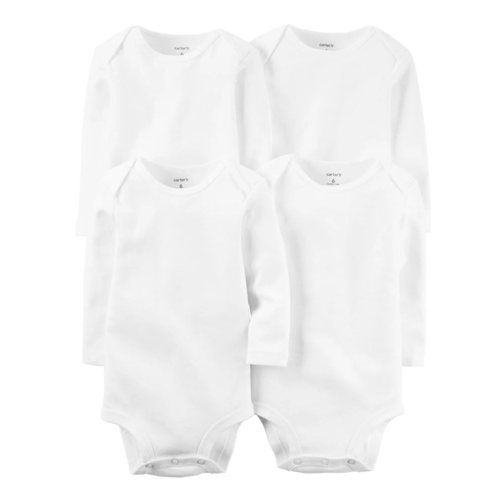 Pack cuatro bodies de algodón, manga larga, blancos Carter's