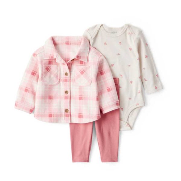 Conjunto 3 piezas cárdigan rosa de cuadros, body y pantalón Carter's