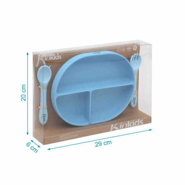 Set de cubiertos y bandeja BLW silicona azul bebé KioKids