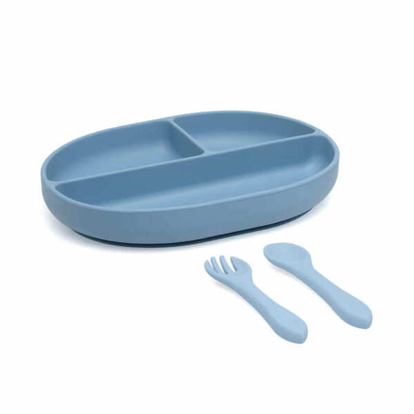 Set de cubiertos y bandeja BLW silicona azul bebé KioKids