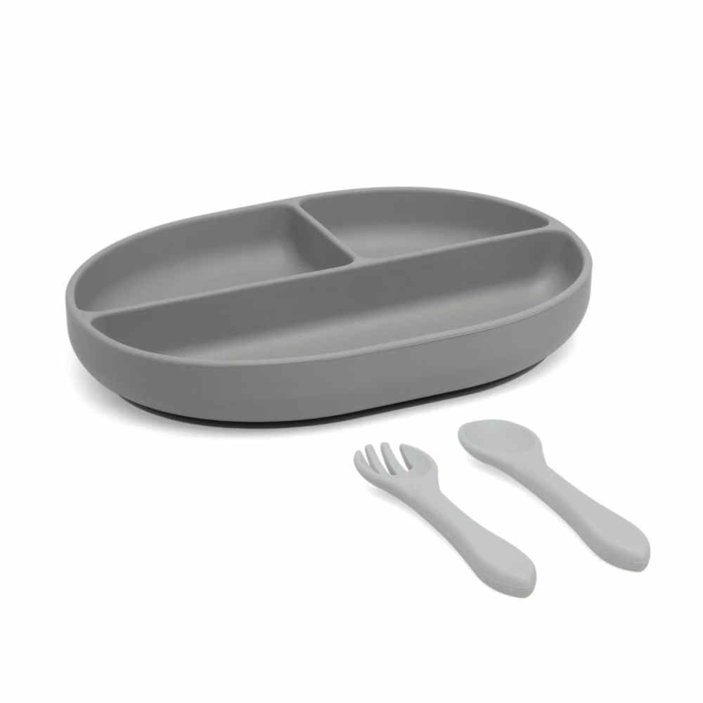 Set de cubiertos y bandeja BLW silicona gris bebé KioKids