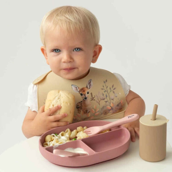 Set de cubiertos y bandeja BLW silicona rosa bebé KioKids
