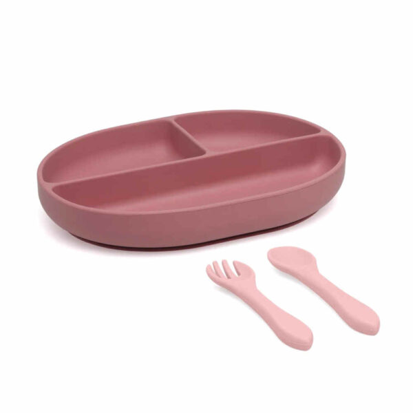 Set de cubiertos y bandeja BLW silicona rosa bebé KioKids