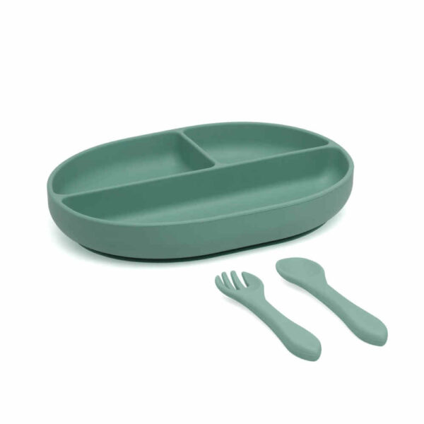 Set de cubiertos y bandeja BLW silicona salvia bebé KioKids