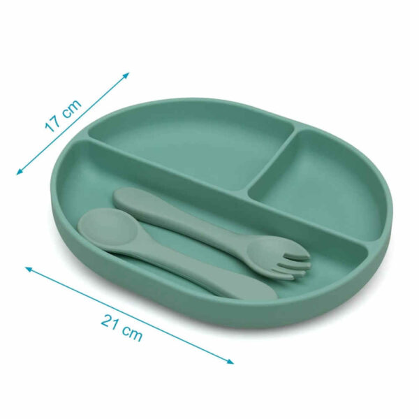 Set de cubiertos y bandeja BLW silicona salvia bebé KioKids