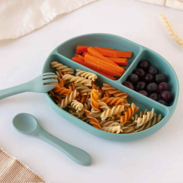 Set de cubiertos y bandeja BLW silicona salvia bebé KioKids