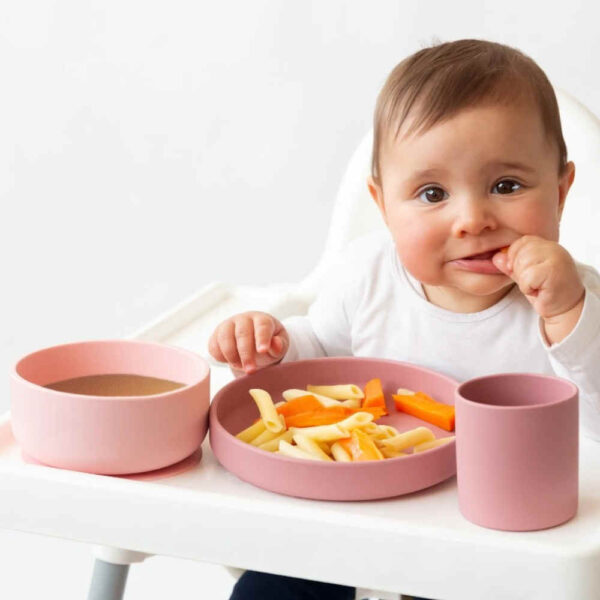 Set Vajilla 3 piezas silicona rosa bebé KioKids