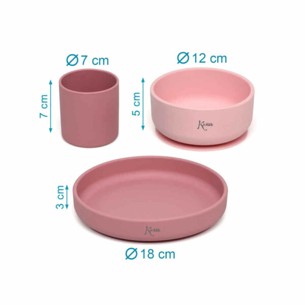 Set Vajilla 3 piezas silicona rosa bebé KioKids