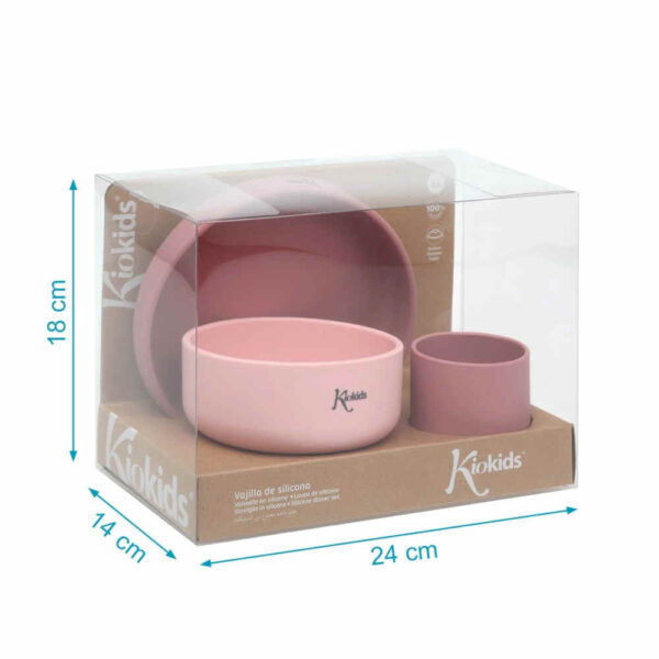 Set Vajilla 3 piezas silicona rosa bebé KioKids