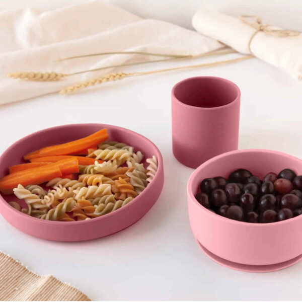 Set Vajilla 3 piezas silicona rosa bebé KioKids