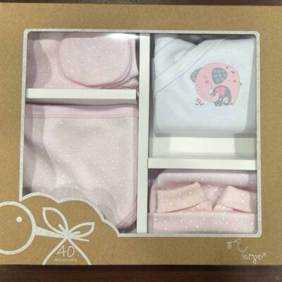 Conjunto camiseta cruzada, polaina, babero, gorro y manopla elefante rosa Yerge