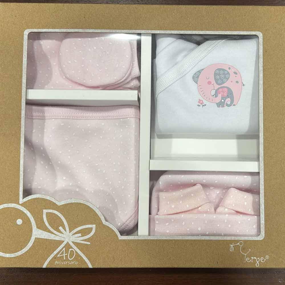 Conjunto camiseta cruzada, polaina, babero, gorro y manopla elefante rosa Yerge