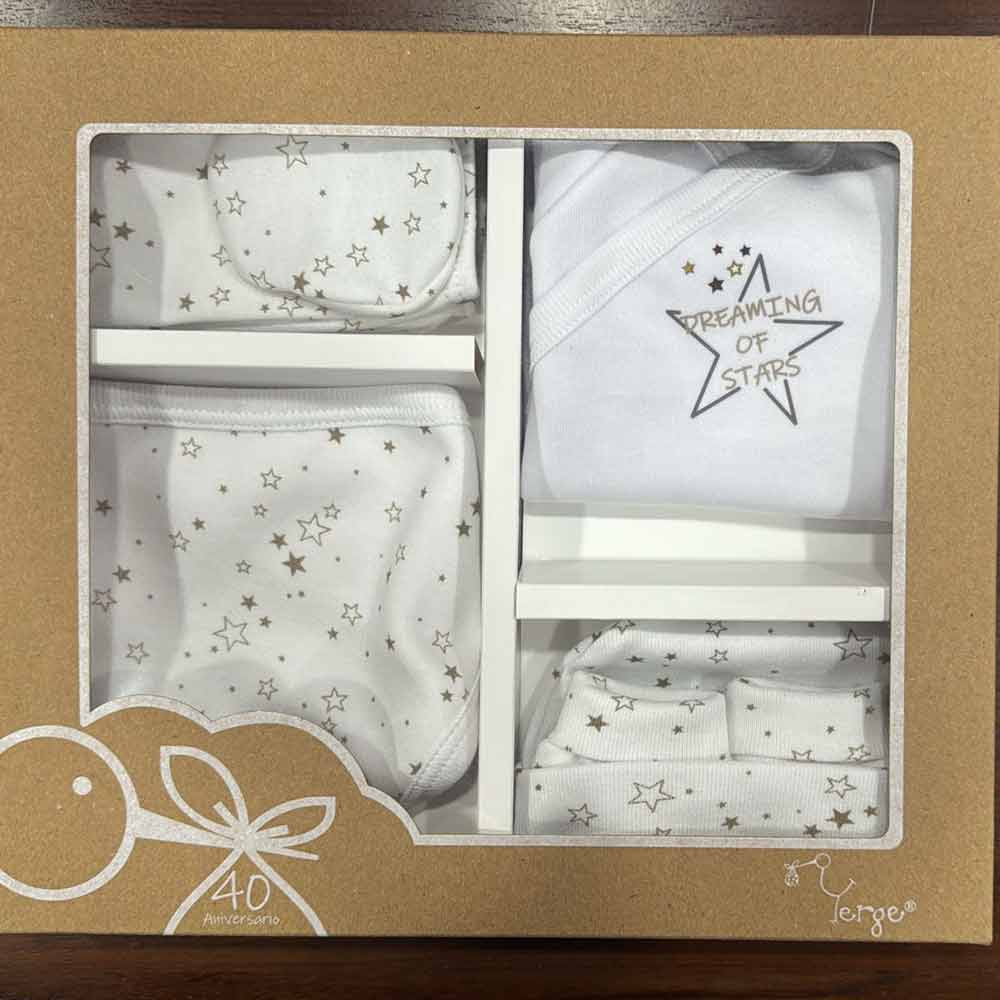 Conjunto camiseta cruzada, polaina, babero, gorro y manopla Dreaming of Stars Yerge