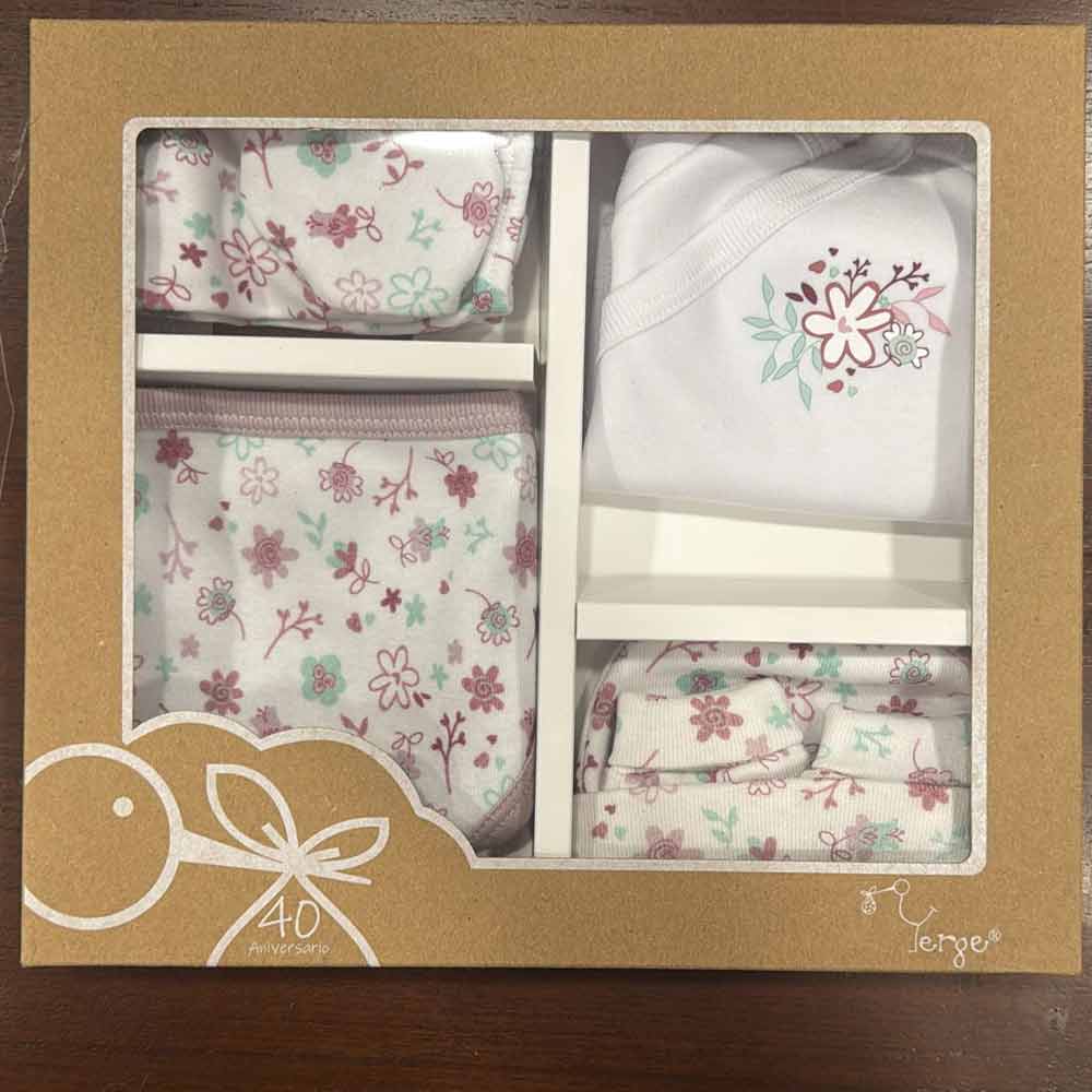 Conjunto camiseta cruzada, polaina, babero, gorro y manopla Flores Yerge