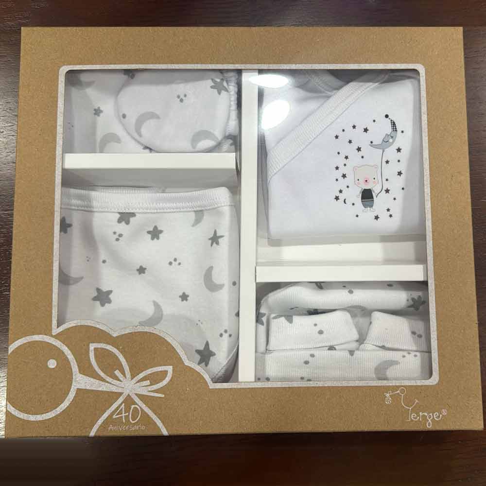 Conjunto camiseta cruzada, polaina, babero, gorro y manopla Luna-Osito 2 Yerge