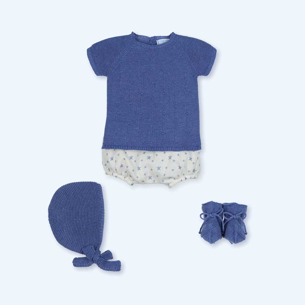 Traje 4P Corto M-C con culotte estampado algodón + capota + patucos Mac Ilusión